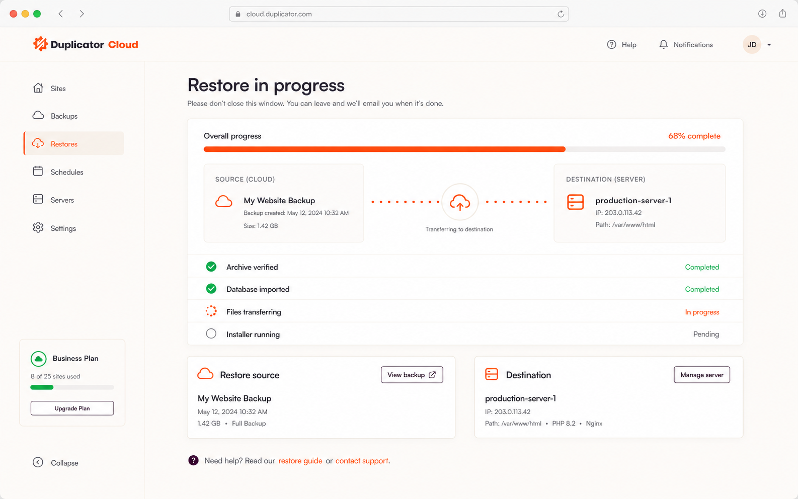 Flat Duplicator Cloud restore progress mockup showing cloud-to-server transfer, progress status, restore steps, and destination details.
